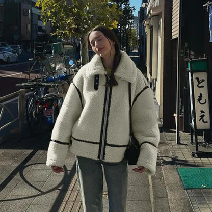 maoxiangshop  -  Winter Warm Lamb Wool Jacket Casual Loose Thick Coat Contrast Color One Piece Faux Fur Jacket Coat Plush Jacket Women