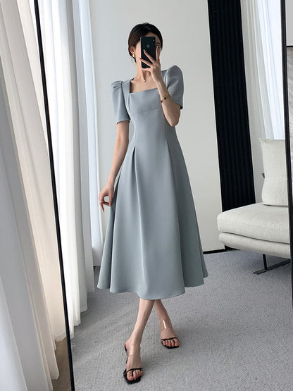 maoxiangshop Vintage Square Collar Casual French Midi Dress for Women Elegant Party Ladies Pleated A-Line Femme Fashion Bodycon Dress Summer