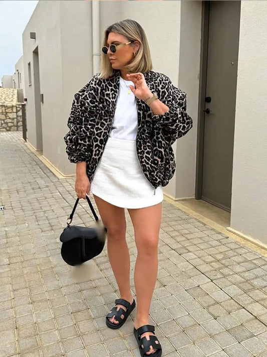 maoxiangshop  -  Chic Leopard Printed Pattern Lamb Wool Coat 2024 Autumn Winter Fashion Warm Outerwear Female New O Neck Zipper Loose Jackets