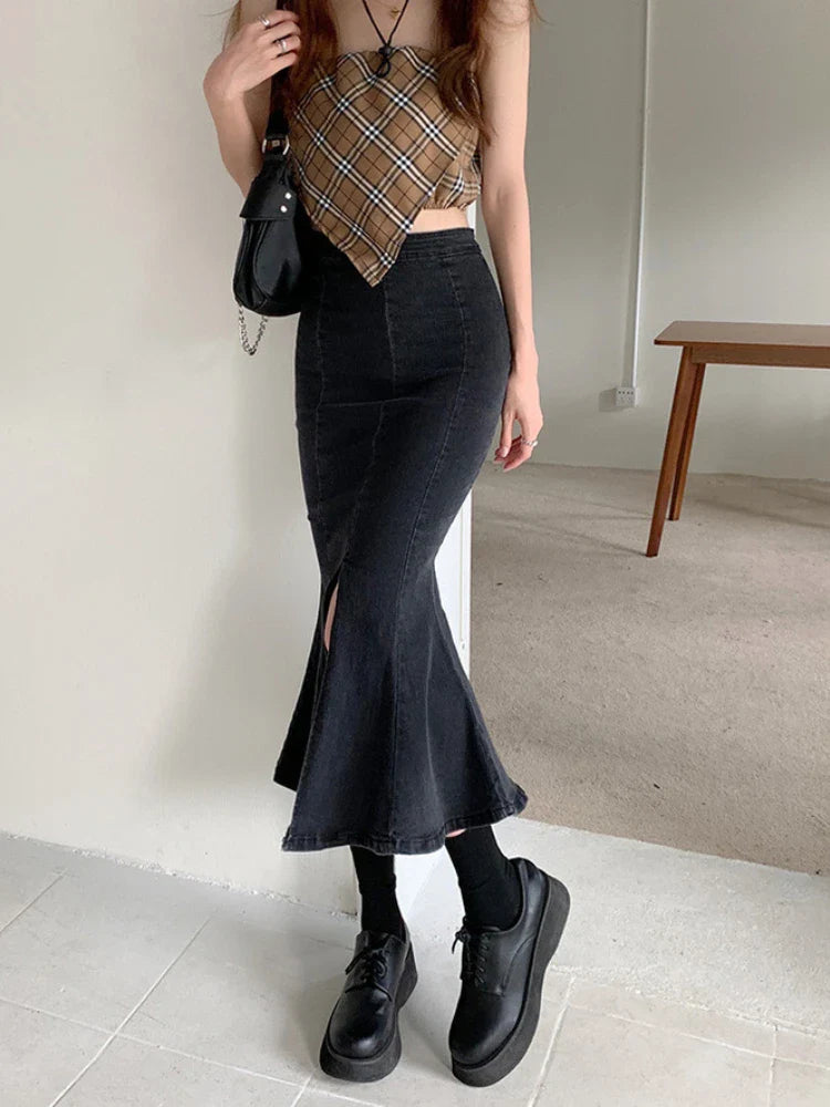 maoxiangshop Black Denim Long Skirt Women Vintage High Waist Split Bodycon Ruffles Pencil Mermaid Midi Skirt Summer Japanese Fashion