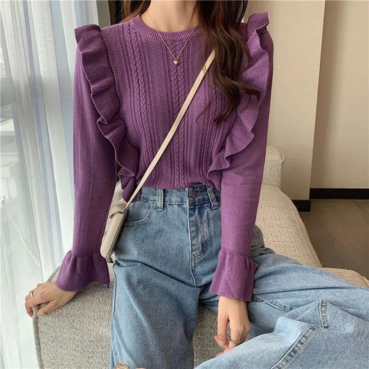 maoxiangshop Ruffles Long Sleeve Sweaters for Women Solid Color Round Neck Knitted Woman Jumper Autumn Winter All Match Soft Sweater