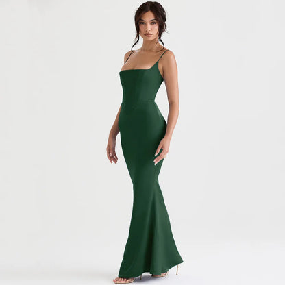 Spaghetti Strap Green Prom Dress Sexy Maxi Bodycon Evening Night Party Dresses with Lining Female Wome Dresses