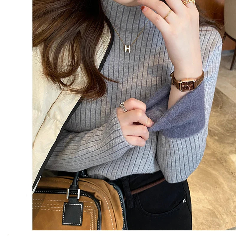 maoxiangshop Women Velvet Thicken Warm Sweaters Semi Turtleneck Knit Thermal Pullovers Solid Ribbed Sweater Women 2024 Fall and Winter