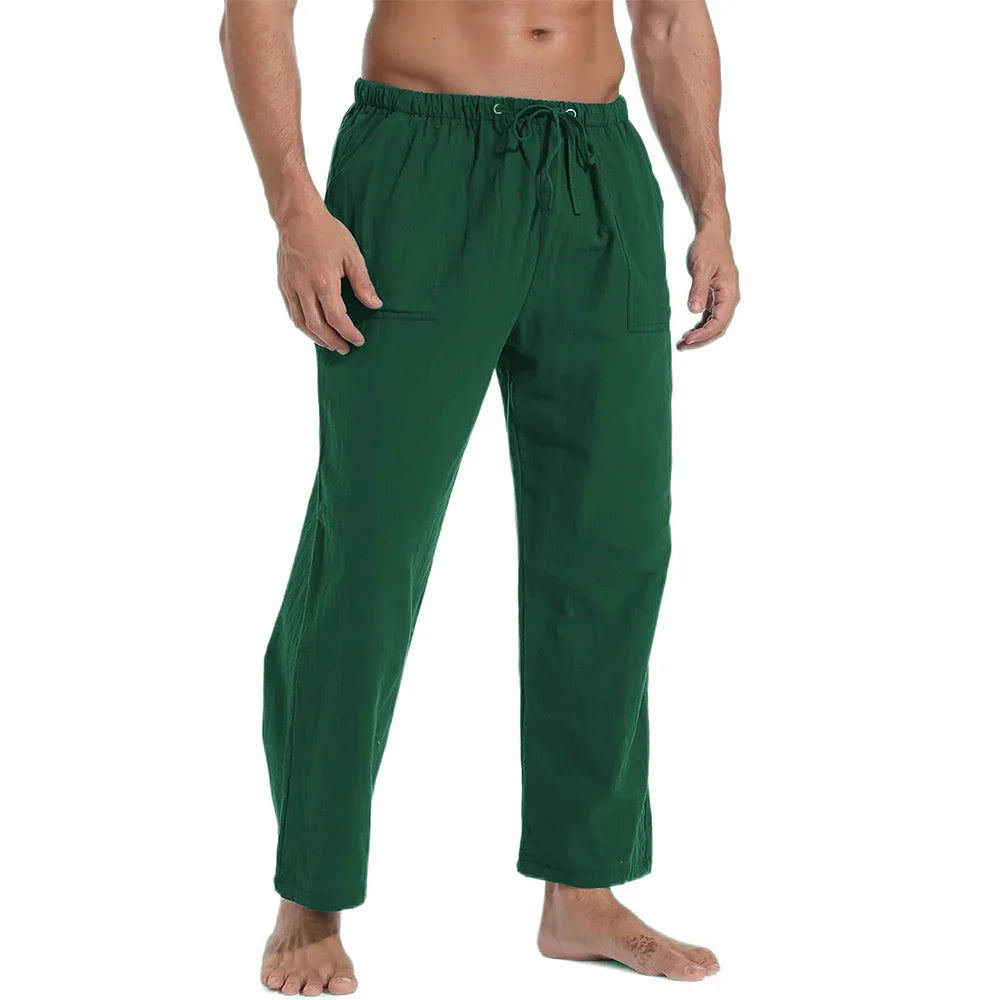 maoxiangshop New Men's Casual Linen Pants Solid Color Breathable Yoga Cotton Trousers Male Casual Elastic Waist Drawstring Fitness Pants