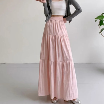 maoxiangshop Women Sweet Cake Skirt Summer Trend High Waist Pleated Skirt Casual Elegant All-Match Solid A-line Big Swing Double Layer Skirt