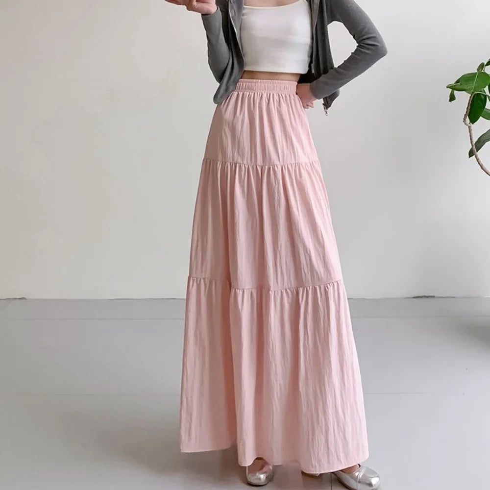 maoxiangshop Women Sweet Cake Skirt Summer Trend High Waist Pleated Skirt Casual Elegant All-Match Solid A-line Big Swing Double Layer Skirt