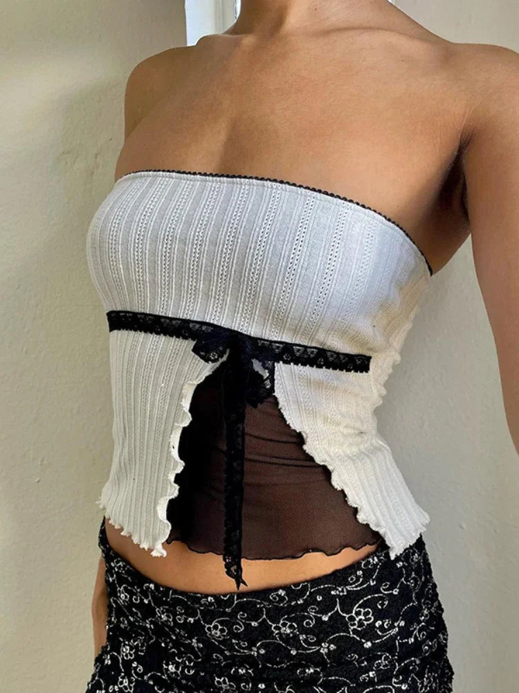 maoxiangshop  -  Splice Mesh Slim Crop Tops For Women Sleeveless Off Shoulder Sexy Backless Cute Top Ladies Bow Bandage Short Tees Femme