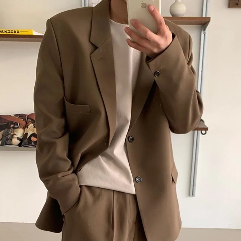 maoxiangshop Brown Black Suit Jacket Men Fashion Social Mens Dress Jacket Korean Loose Casual Suit Jacket Mens Office Formal Jacket Coat