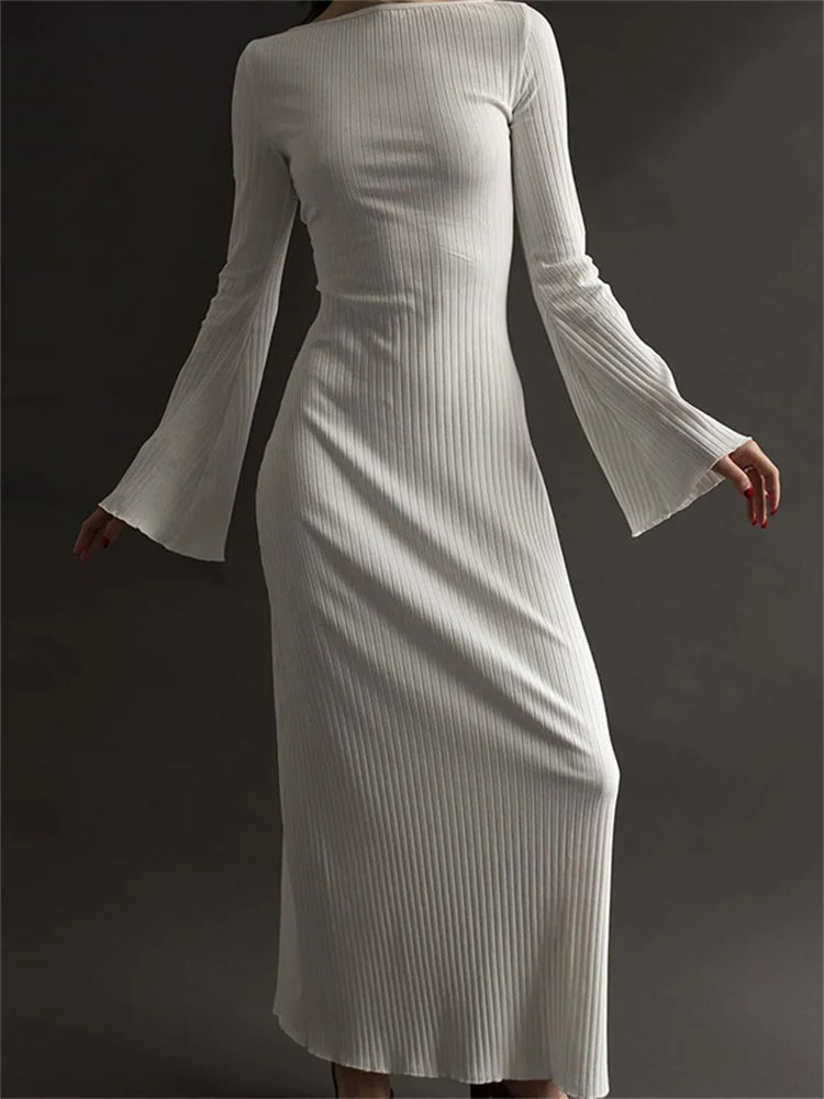 maoxiangshop  -  Ribbed Backless Slim Maxi Dress Female Long Sleeve High Waist Hollow Out Bandage Autumn Party Dress Women White Long Dress