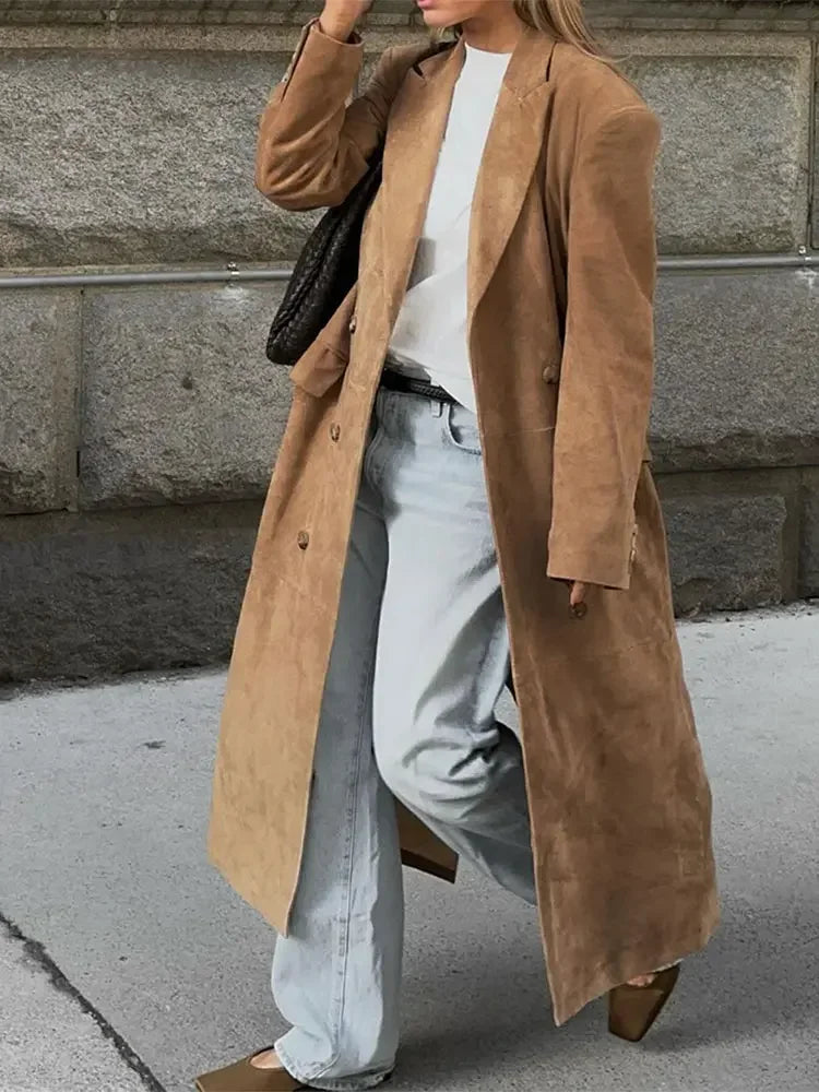 maoxiangshop  -  Women Fashion Solid Long Windbreaker Jacket Casual Lapel Double Breasted With Pocket Coat 2024 Autumn Winter Commute Outcoat