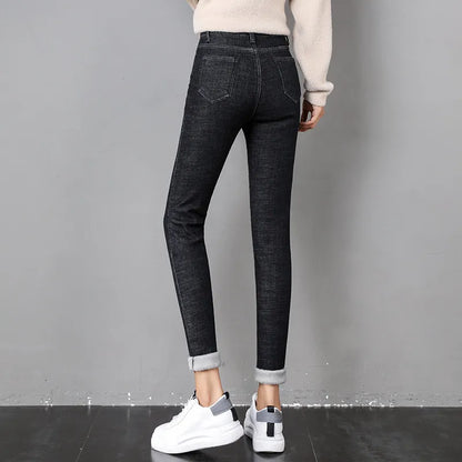 maoxiangshop Women Thermal Jeans Winter Snow Warm Plush Stretch Jeans Lady Skinny Thicken Fleece Denim Long Pants Retro Pencil Trousers