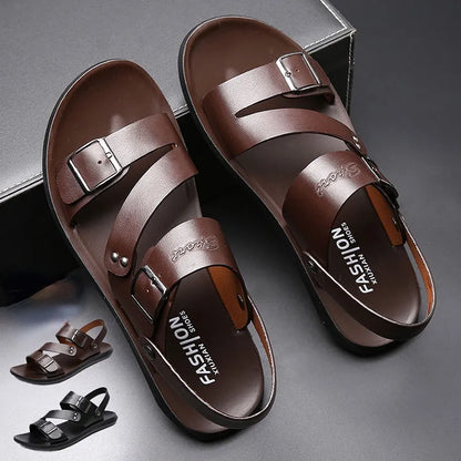 maoxiangshop Comfortable Men's Sandals Solid Color Open Toe Mens Leather Sandals New Slippers Beach for Male Leather Footwear