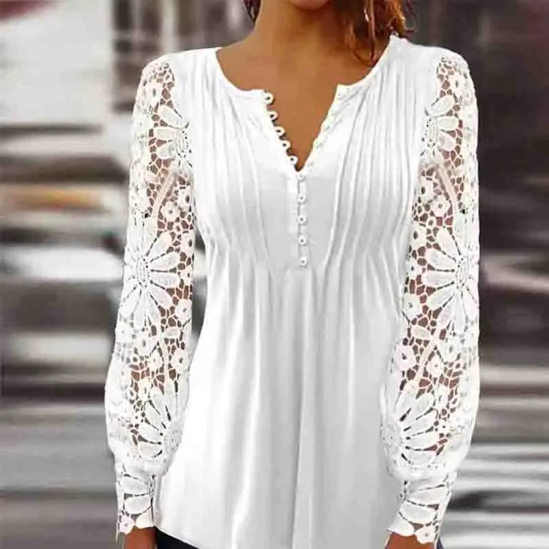 maoxiangshop New Fashion V Neck Floral Women's Shirts with Lace Long Sleeve White Women Blouse Elegant Woman Tops Office Lady Clothes