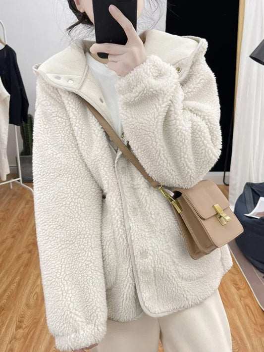 maoxiangshopNew Korean Fashion Jacket Women Autumn/Winter Single Breasted Hooded Imitation Lamb Wool Top Vintage Thick Coat Women Clothing