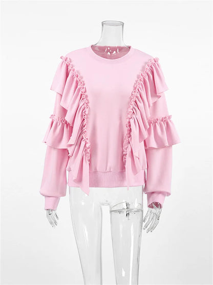 maoxiangshop  -  Autumn Knit Ruffled Pullover Women's Patchwork Fashion Loose Solid High Waist Knitwear Sweatshirts Female Elegant Hoodies