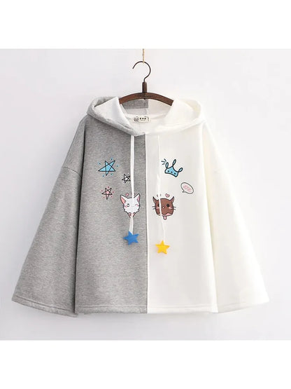 Winter Fashion Fleece Women Hoodies And Sweatshirts Sweet Style Cartoon Print Patchwork Long Sleeve Thick Hooded Pullover