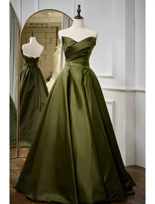 maoxiangshop Elegant A-Line Strapless Satin Evening Dresses for Women Sweetheart Neck Back Lace-up Floor Length Prom Gowns with Pleat