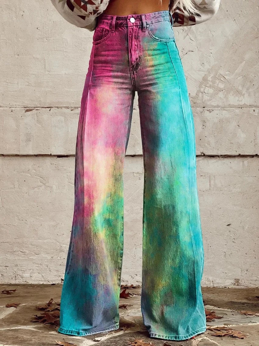 maoxiangshop  -  Trendy Retro Plus Size 3D Print Pants Women Autumn New Fashion Casual Comfortable Imitation Jeans Wide Leg Baggy Jeans Y2k Pants