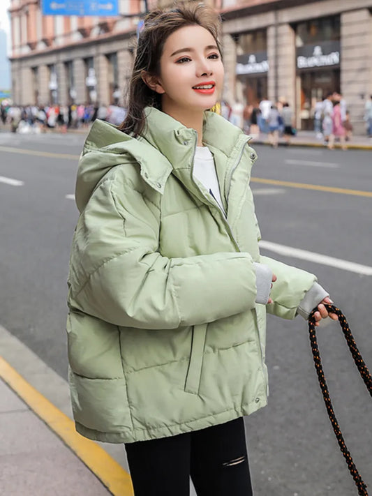 maoxiangshop Fashion Winter Hooded Puffer Jacket Women Solid Casual Warm Oversize Parkas Female Korean Loose Long Sleeve Coat Women Clothing