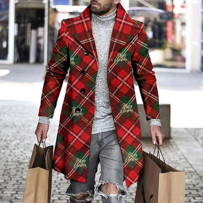 maoxiangshop WELL DRESSED MEN Autumn Winter Retro Print Woolen Coat Men Casual Single Breasted Lapel Long Sleeve Coat Men Fashion Loose Pocket Mid Long Jacket