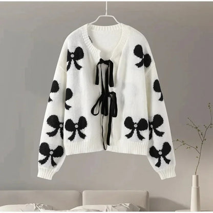 maoxiangshop  -  Bow Lace Up Knitted Women Sweater Preppy Hollow Out O-neck Long Sleeve Female Cardigan Autumn Patchwork Lady Knitwear