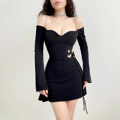 maoxiangshop-lack Autumn Sexy Women's Dress Lace-up Long Sleeves Backless Off Shoulder Casual Dress Party Elegant Hollow Out A-LINE Dresses