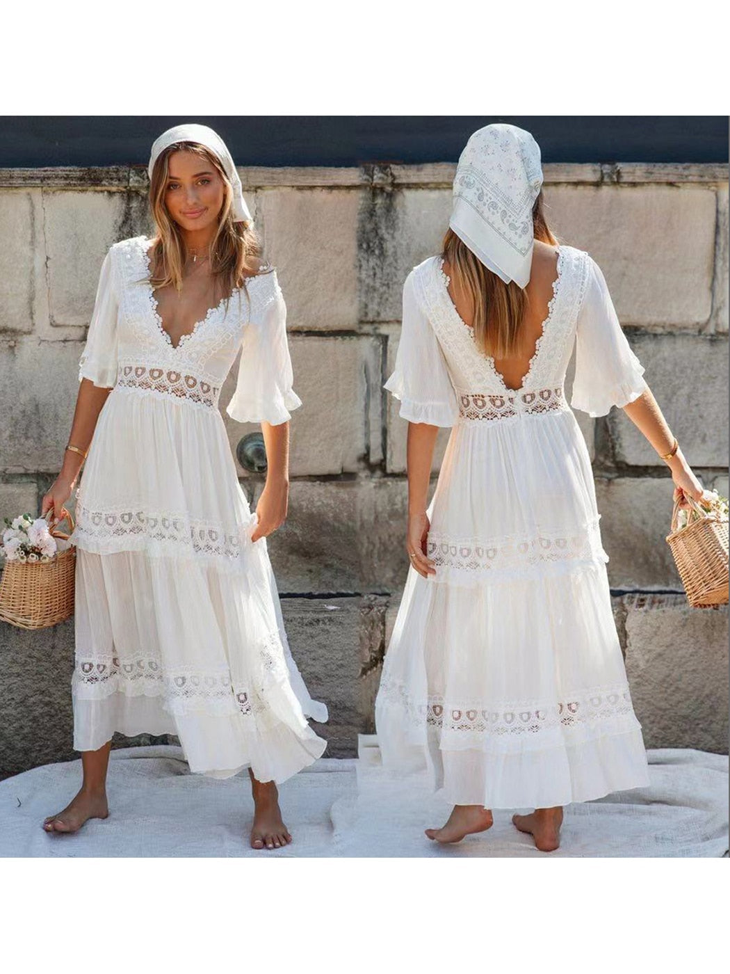 Spring Summer Dress Women White Patchwork Lace V-Neck Ruffle Sleeve Long Dresses Boho Casual Beach Vestidos