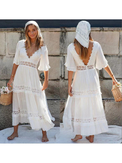 Spring Summer Dress Women White Patchwork Lace V-Neck Ruffle Sleeve Long Dresses Boho Casual Beach Vestidos