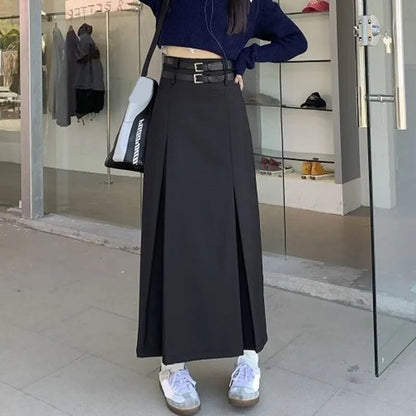 maoxiangshop Korean Style High Waist Long Skirt Women Summer Double Belt Preppy Midi Skirts Woman Pleated Black Gray A Line Skirt