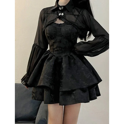 Black Sexy Lolita Dress Women Gothic Vintage Harajuku Halloween Cosplay Costumes Long Sleeve Fairy Dress Women's Two Piece Set