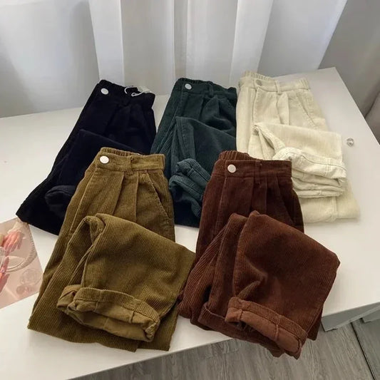 maoxiangshopRetro High Waist Corduroy Pants Women Spring Fall Straight Causal Full Length Trousers Korean Fashion Baggy All Match Black Pant