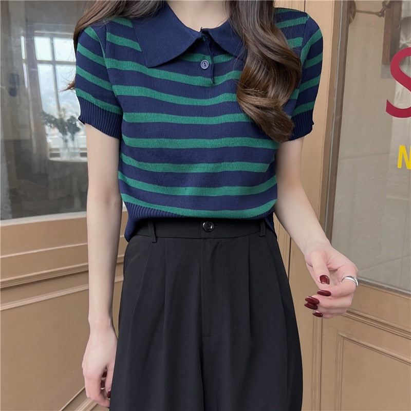 maoxiangshop Summer Vintage Striped Polo Collar T Shirts Women's Knitted Short Sleeve Thin Cropped Tshirt Crop Top For Slim Girls