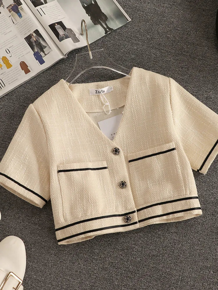 Streetwear Fashion Summer Two Piece Set Women Crop Top Shirt Blouse + Wide Leg Pant Suits Vintage Jacket Coat Pants 2 Piece Set