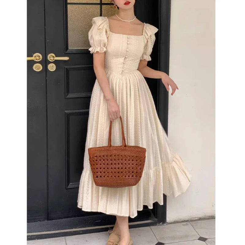 maoxiangshop Elegant Square Collar White Dress Summer Fashion Puff Sleeve Ruffle Dress for Women 2024 Chic Vintage Maxi Dresses