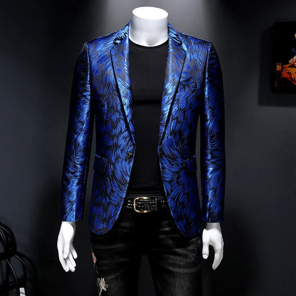 maoxiangshop Luxury Men Jacquard Slim Fit Blazer Stage Performance Metal Gold Yarn Casual Suit Jacket Formal Stage Costumes