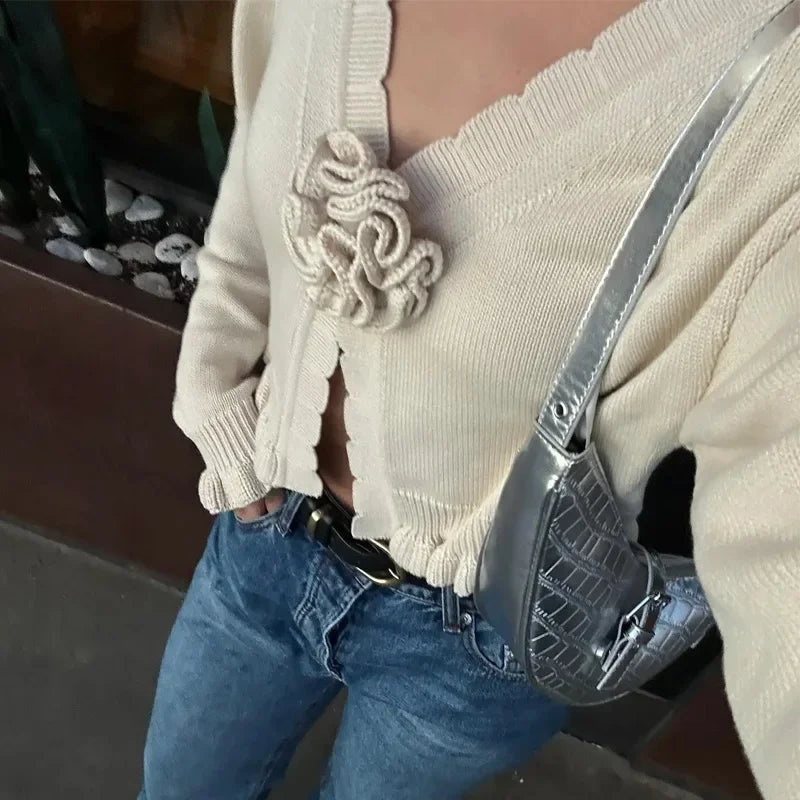 maoxiangshop  -  Knitted 3D Flower Cardigans Women Slim V-neck Ruffles Hem Lantern Sleeve Short Female Sweaters 2024 Autumn Fashion Lady Outwear