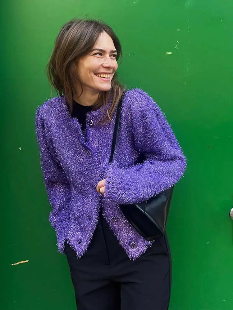 maoxiangshop -  Autumn Winter Women Purple Bright Silk Knitted Cardigan Fashion O Neck Long Sleeve Sweater Female Office Y2k Chic Warm Tops