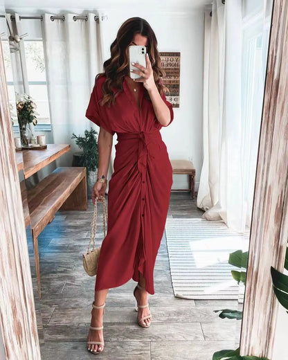 maoxiangshop Women Summer Elegant Button Ruched Bandage Shirt Dress Fashion Casual Short Sleeve Solid V Neck Beach Maxi Dress