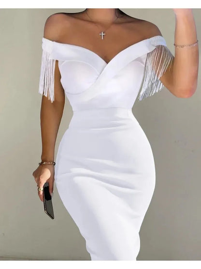 maoxiangshop DRESS TO IMPRESS Women Dress Summer Sexy Solid High Waist Dresses Ladies Slash Neck Evening Tassel Backless Splice Midi Vestidos Party Clothing