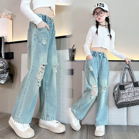 Spring Autumn Teenage Girls Denim Wide Leg Pants Children Straight Ripped Trousers Medium Girls Loose Breathable Solid Jeans