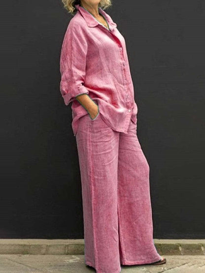 maoxiangshopWomen Cotton Linen Suits  Elegant Solid Long Sleeve Shirt Wide Leg Trousers Two Piece Set Female Casual Straight Pants Suits