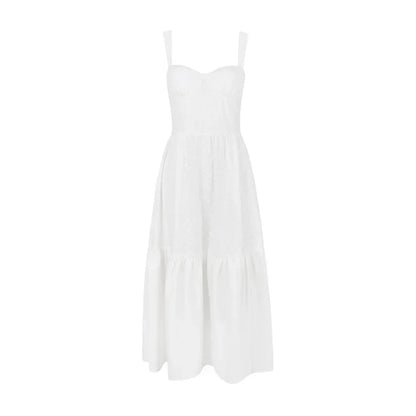 White Women's Summer Dress Linen-cotton Blend Jacquard Dress Elegant Sexy Midi Vacation Holiday Dress