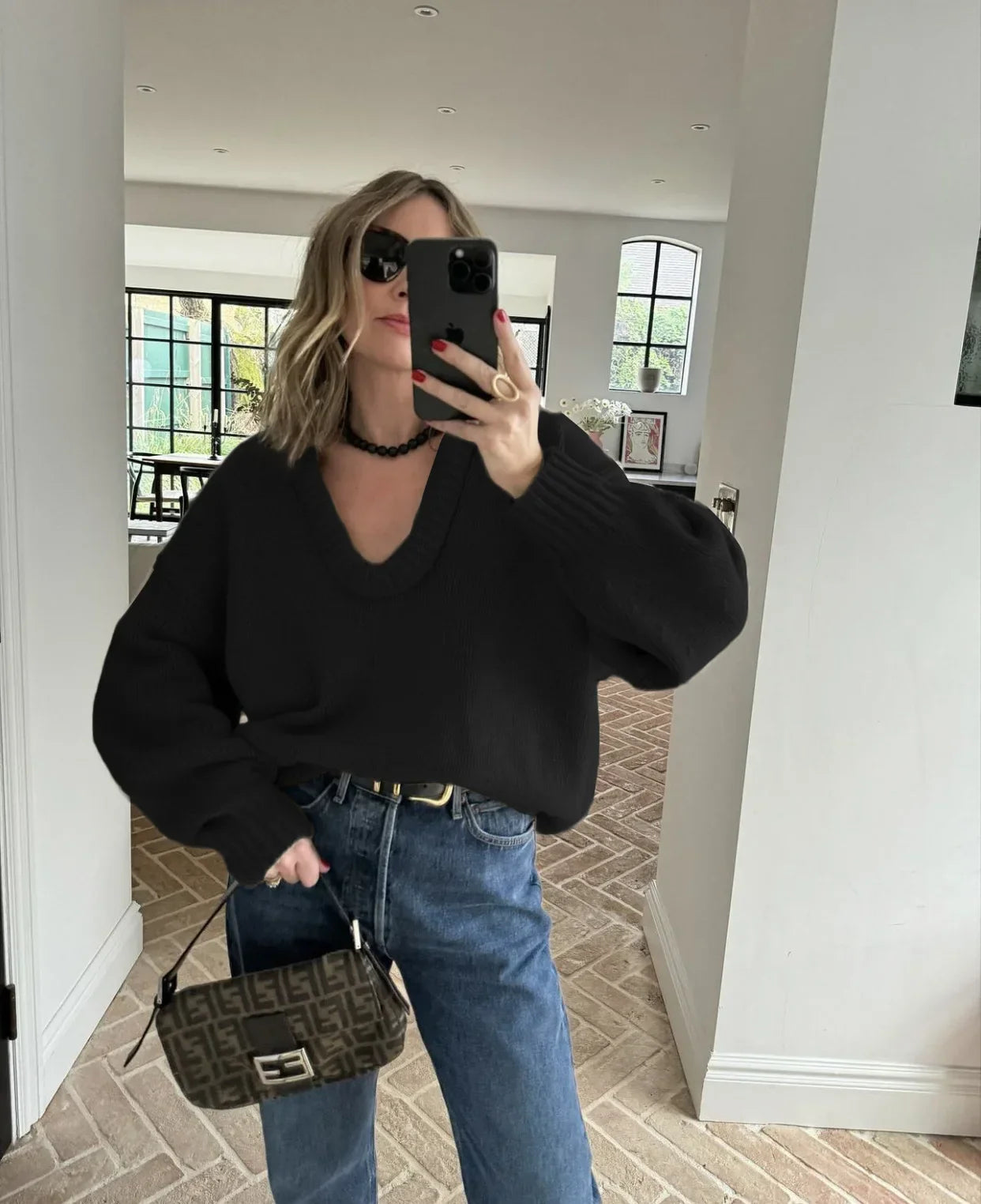 maoxiangshop  -  Women Sweater Casual Solid Loose Lantern Sleeve Knit Tops Fashion V-neck Black Pullover Sweater 2024 New Autumn Female Knitwear
