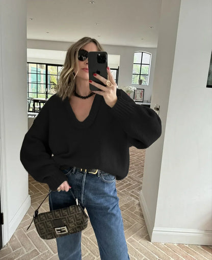 maoxiangshop  -  Women Sweater Casual Solid Loose Lantern Sleeve Knit Tops Fashion V-neck Black Pullover Sweater 2024 New Autumn Female Knitwear