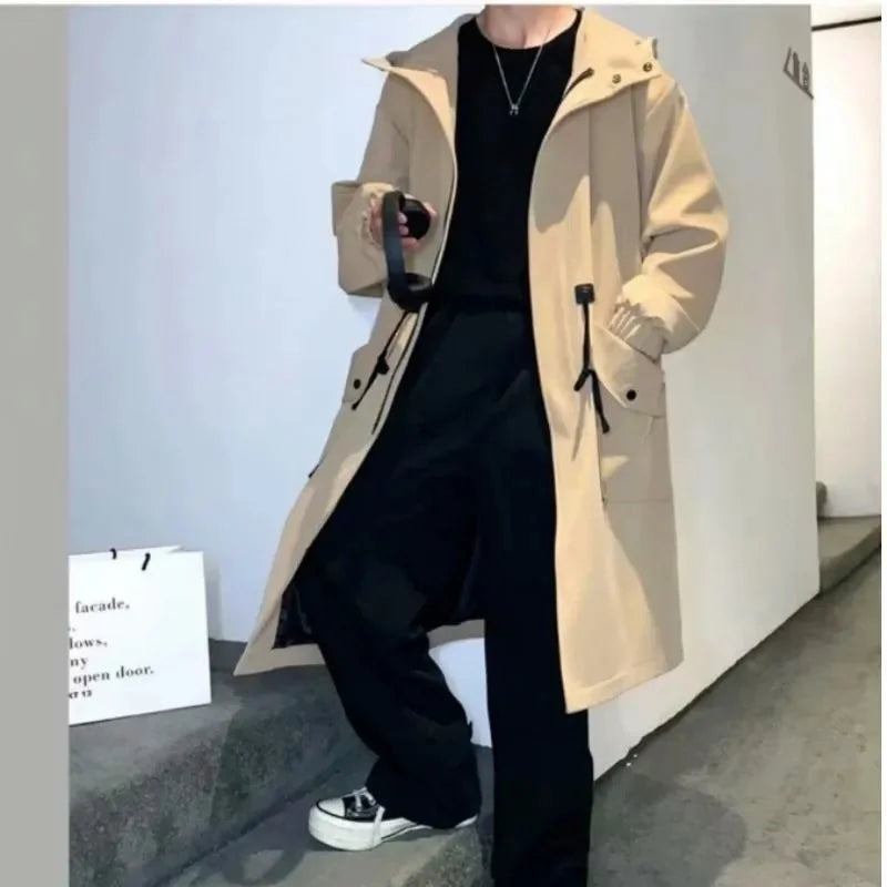 maoxiangshop Spring Autumn Army Green Windbreaker Fashion Men Mid-length Casual Hooded Coat Men Daily High Street Overcoat Male Clothes