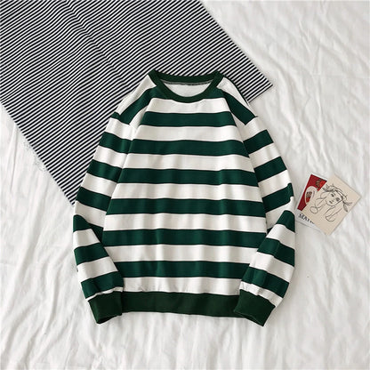 maoxiangshop Pullover Tops Long Sleeved Loose Casual Hoodies Sudadera Mujer Autumn Winter Women's Hoodies Round Neck Stripe Sweatshirt