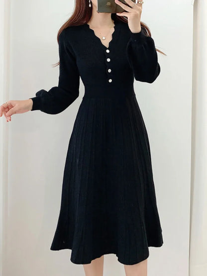 One Piece Korean Pleated Dress New Autumn Long Sleeve Slim Woman Sweater Dresses Knitted Vintage Elegant Midi Party Dress