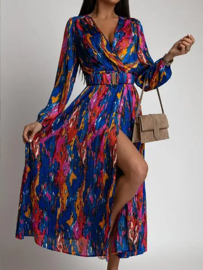 maoxiangshop-Boho Floral Print Long Dress Women Sexy Deep V-Neck Long Sleeve High Split Swing Dress with Belt Elegant Beach Dresses Vestidos