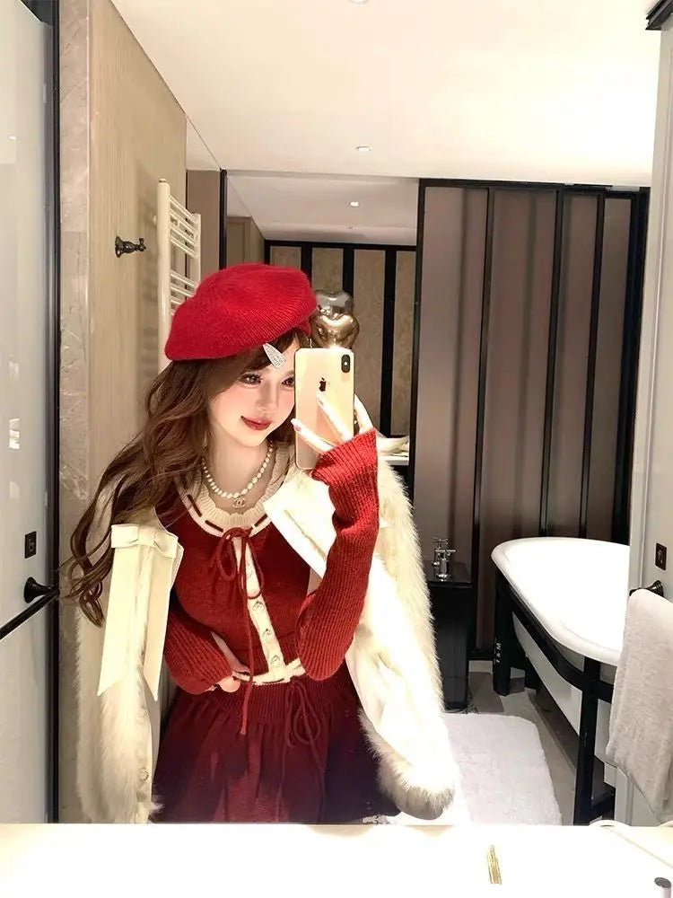 maoxiangshop  -  Sexy Two piece Set Women Outfits Winter New Christmas and New Year Dark Red Waist Cinched Slim Knitted Sweater Top Short Skirt