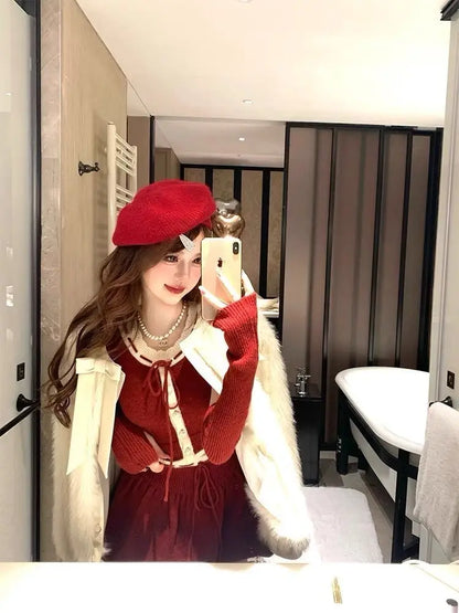 maoxiangshop  -  Sexy Two piece Set Women Outfits Winter New Christmas and New Year Dark Red Waist Cinched Slim Knitted Sweater Top Short Skirt